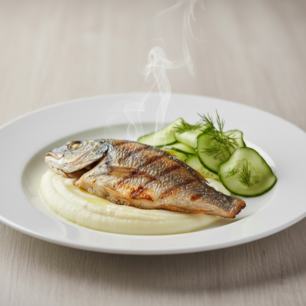 Orada na grill tavi s pireom od cvjetače i salatom od krastavaca
