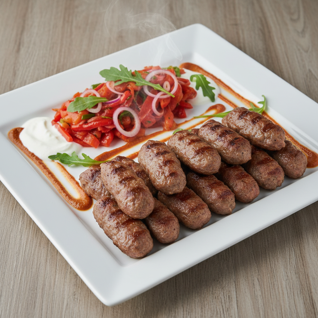 Ćevapi na Žaru s Toplom Paprika-Luk Salatom u Ajvar-Jogurt Umaku i Rukolom