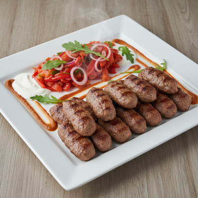 Ćevapi na Žaru s Toplom Paprika-Luk Salatom u Ajvar-Jogurt Umaku i Rukolom