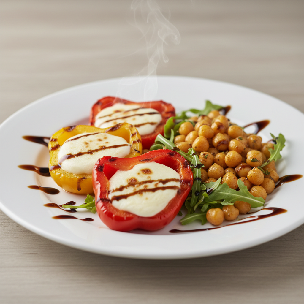 Grillana Paprika s Mozzarellom i Toplim Slanutkom, Rukolom i Balzamik Reduksijom