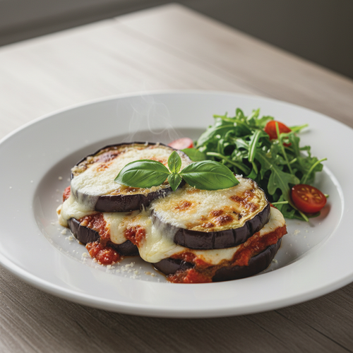 Grillani Patlidžan 'Parmigiana' s Mozzarellom, Bosiljkom i Rukola Salatom