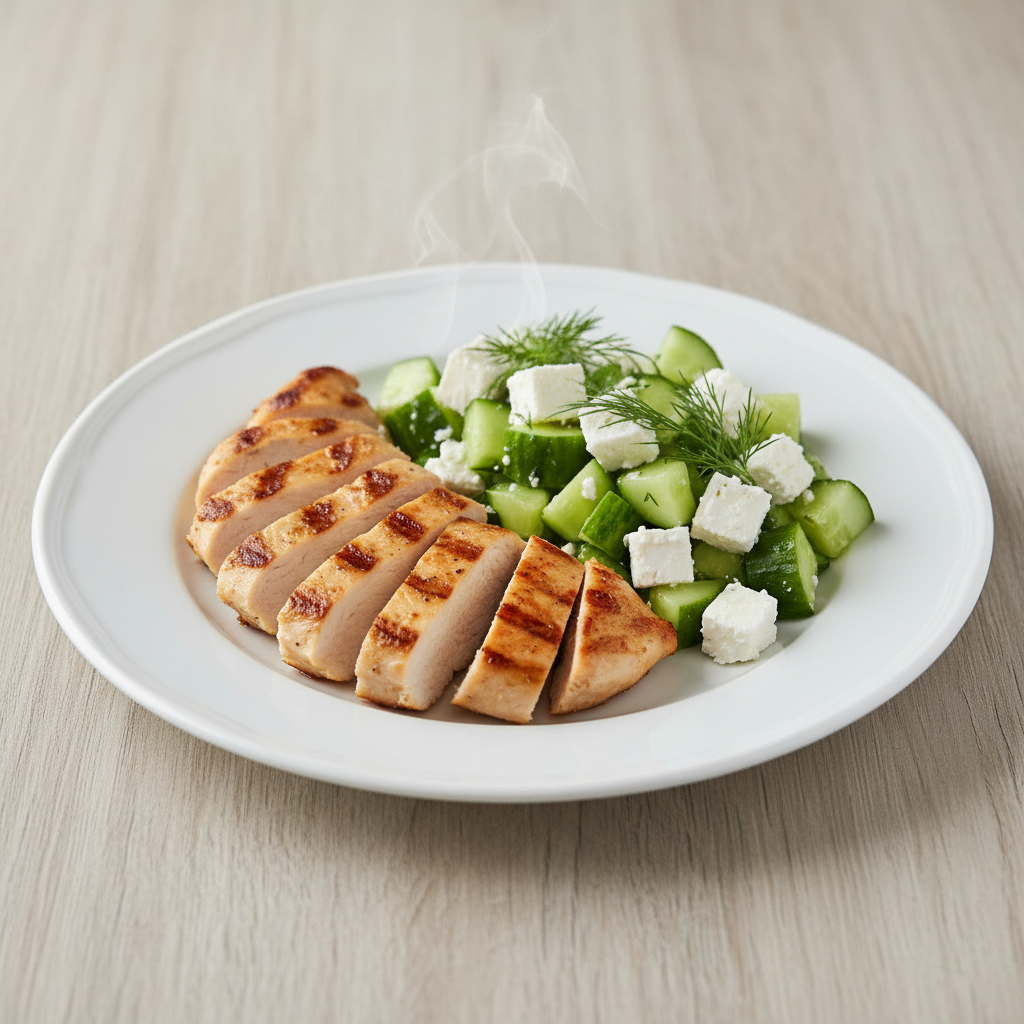 Grillani pileći file sa svježom salatom od krastavaca i Feta sira