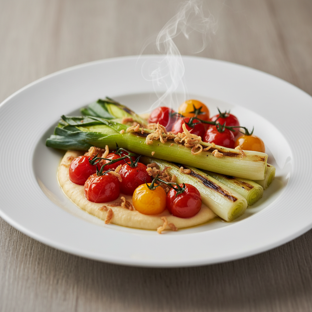 Grillani Poriluk s Kremom od Slanutka, Karameliziranim Cherry Rajčicama i Prženi