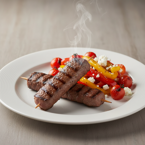 Juneći Ražnjići na Žaru s Toplom Salatom od Pečene Paprike, Cherry Rajčice i Fet