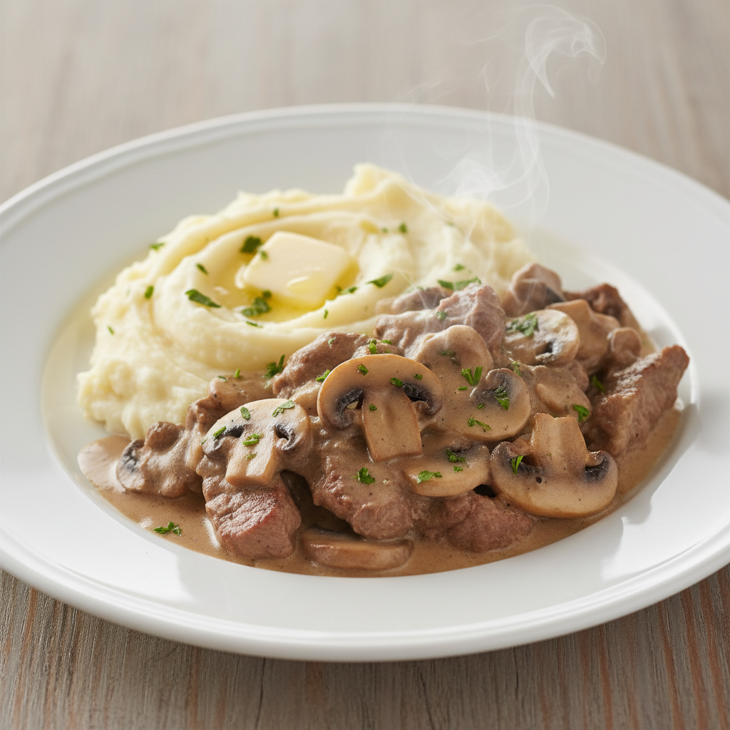Juneći Stroganoff s Gljivama i Pireom od Krumpira