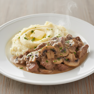 Juneći Stroganoff s Gljivama i Pireom od Krumpira