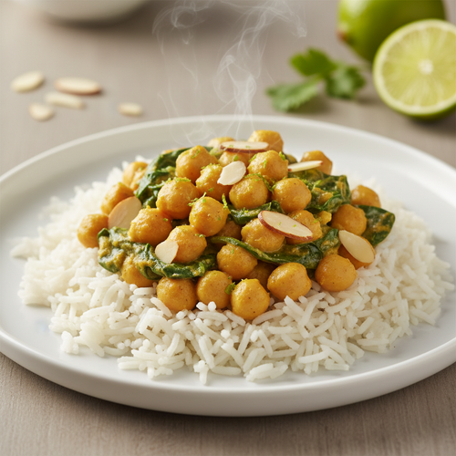 Kokos-Curry Slanutak sa Špinatom, Limetom i Prženim Bademima na Basmati Riži
