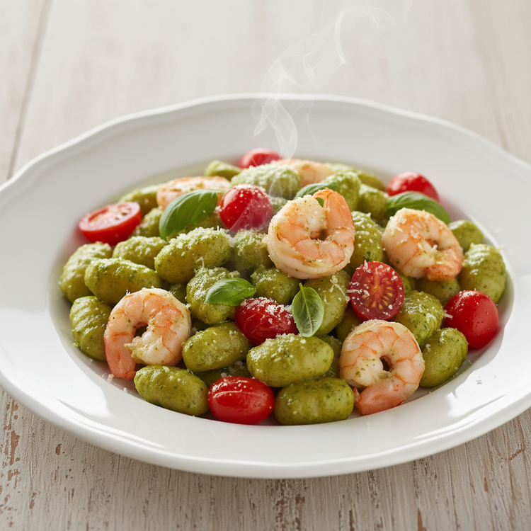 Kremasti pesto njoki s kozicama i cherry rajčicama