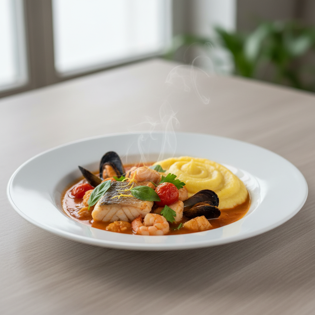 Lagani Ljetni Brudet od Brancina s Kremastom Palentom