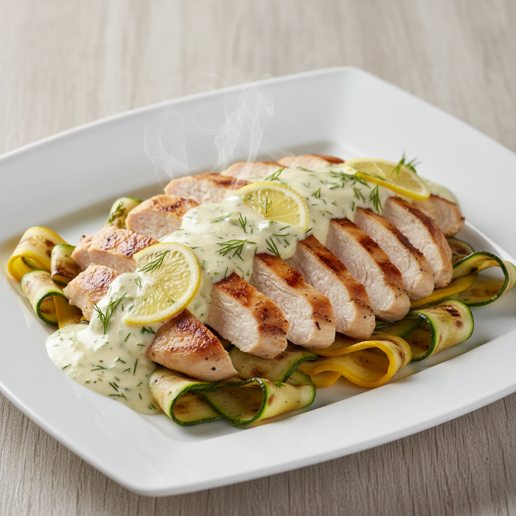 Ljetna pileća tagliata s grilanim tikvicama i umakom od limuna i jogurta