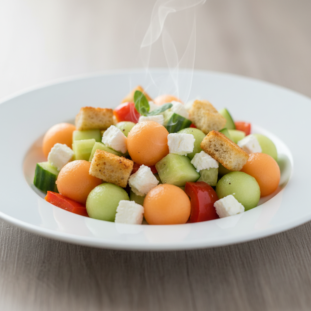 Ljetna Salata od Krastavca i Dinje s Feta Sirom, Hrskavim Kroutonima i Pečenim B
