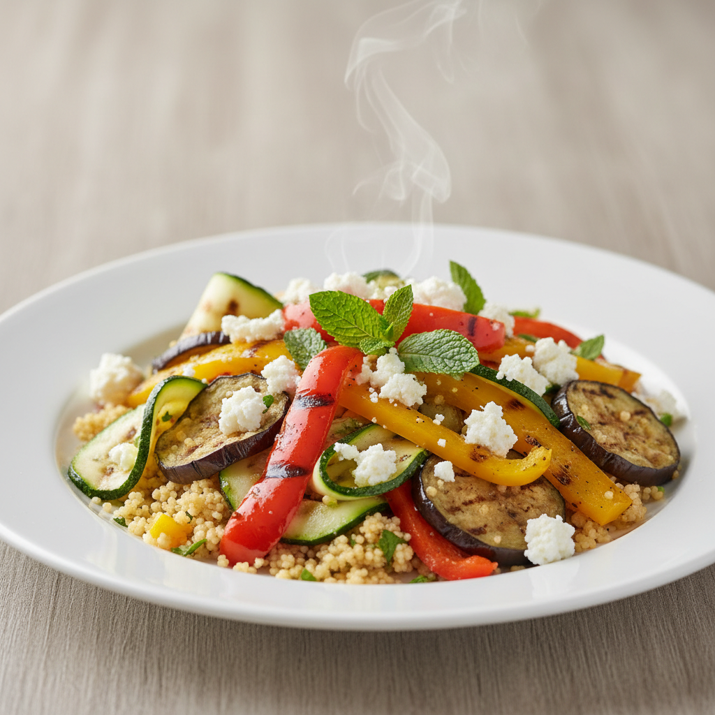 Ljetna tava salata s grillanim povrćem, kuskusom i feta sirom