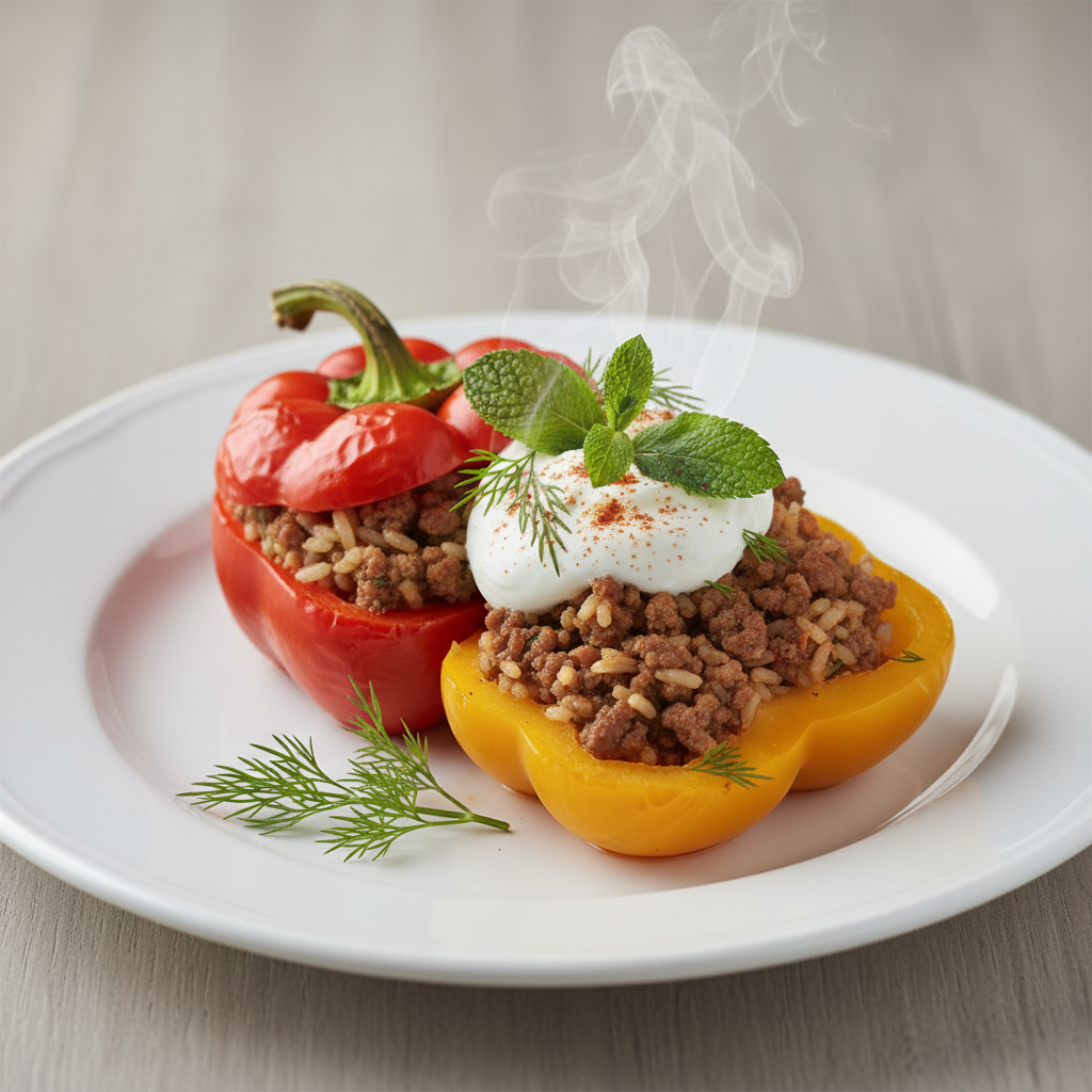 Modernizirana punjena paprika s mljevenim mesom, rižom i kremom od grčkog jogurt