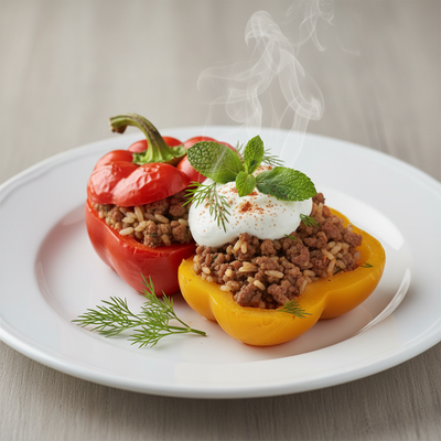 Modernizirana punjena paprika s mljevenim mesom, rižom i kremom od grčkog jogurt