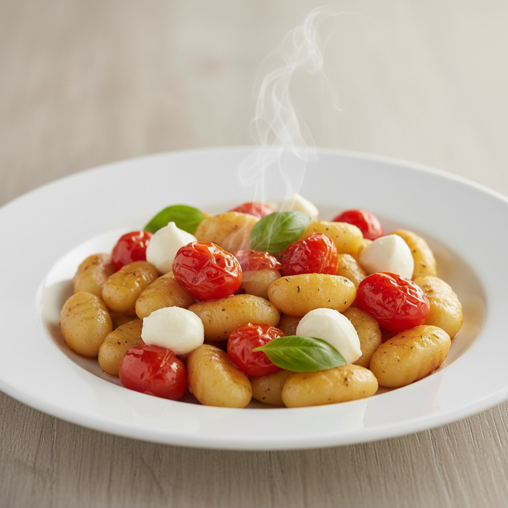 Njoki s karameliziranim cherry rajčicama, mozzarellom i bosiljkom