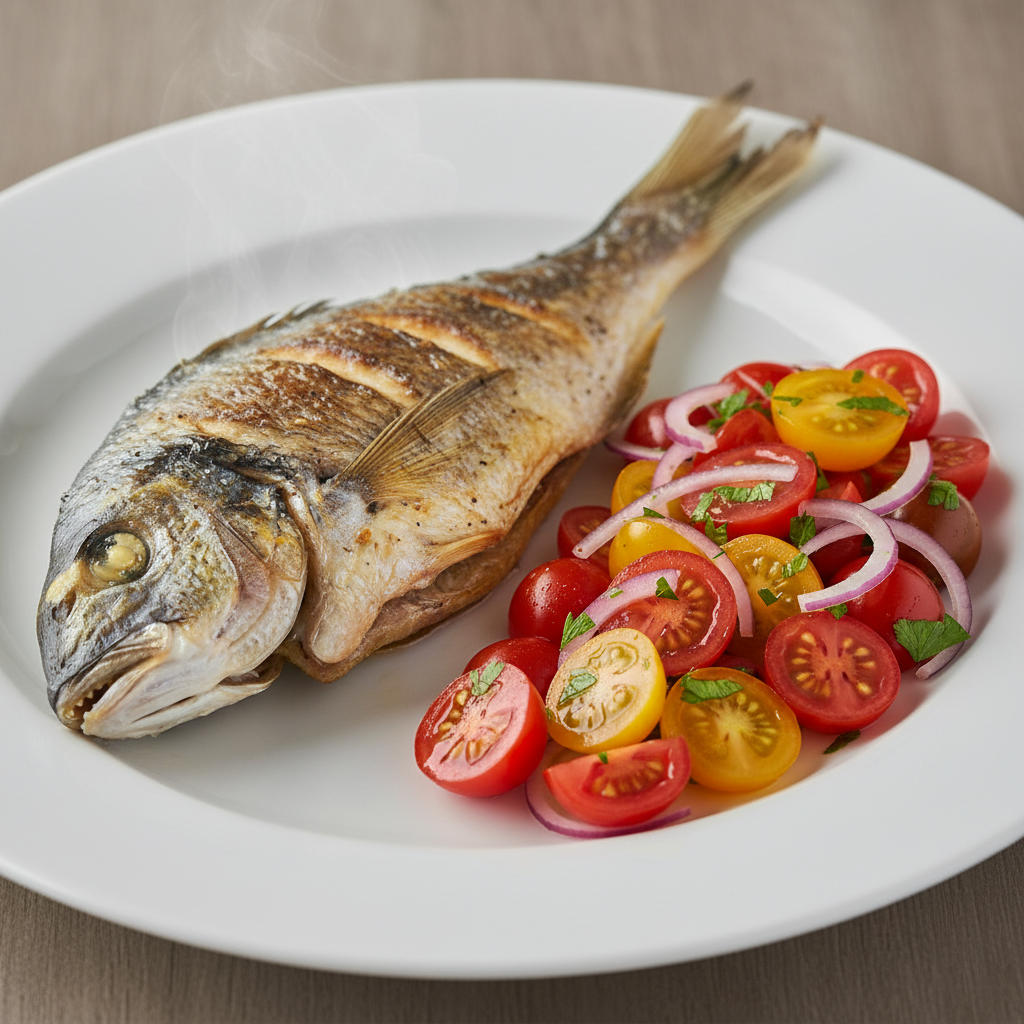 Orada na grill tavi s osvježavajućom salatom od rajčice i luka
