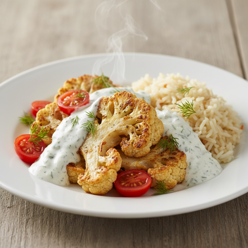 Pečeni Cvjetača Steakovi s Toplom Basmati Rižom, Cherry Rajčicama i Kopar-Jogurt