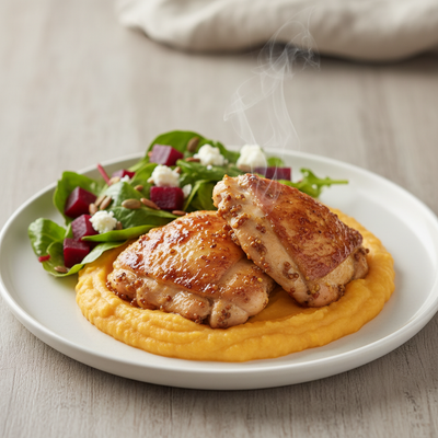 Pileći zabaci u senf-medenoj glazuri s pireom od batata i jesenskom salatom od r